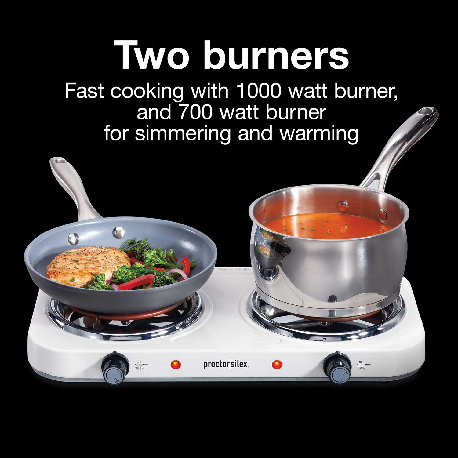 Double Electric Burner Countertop Hot Plate Stainless Steel Cast Iron 1000W  700W by Durabold, White 