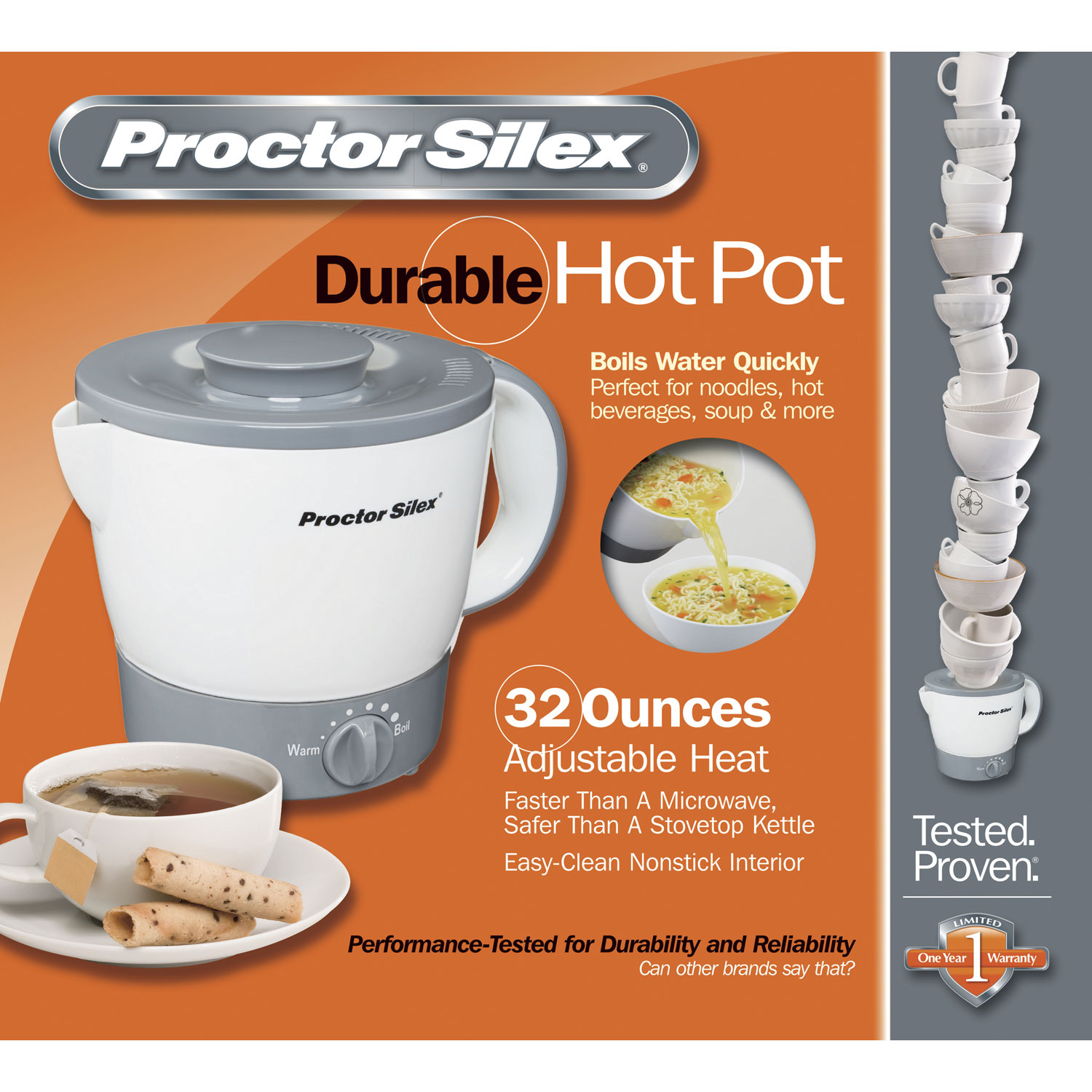 Proctor Silex 32oz Adjustable Temperature Hot Pot, Electric Kettle for Tea, Boiling  Water, Cooking Noodles and Soup, White, 48507 