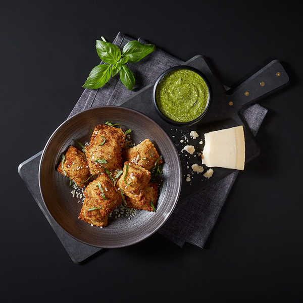 Crispy Mushroom Ravioli with Creamy Pesto Dipping Sauce