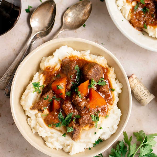 Red Wine Braised Beef Tips with Garlic Mash