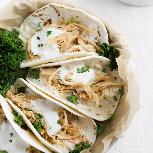 Shredded Chicken Tacos with Avocado Sour Cream
